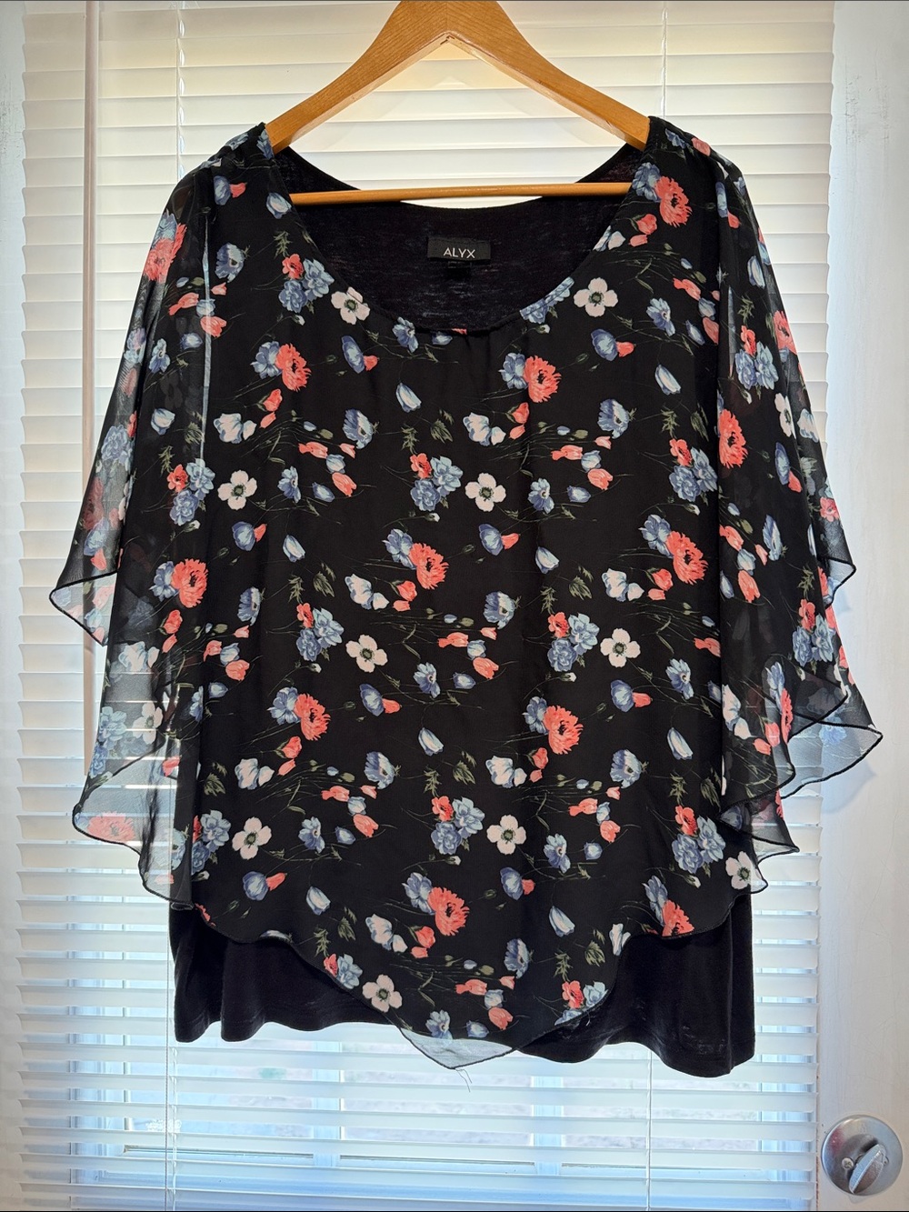 ALYX Black Floral Sheer Overlay Top with Pink & Blue Blooms